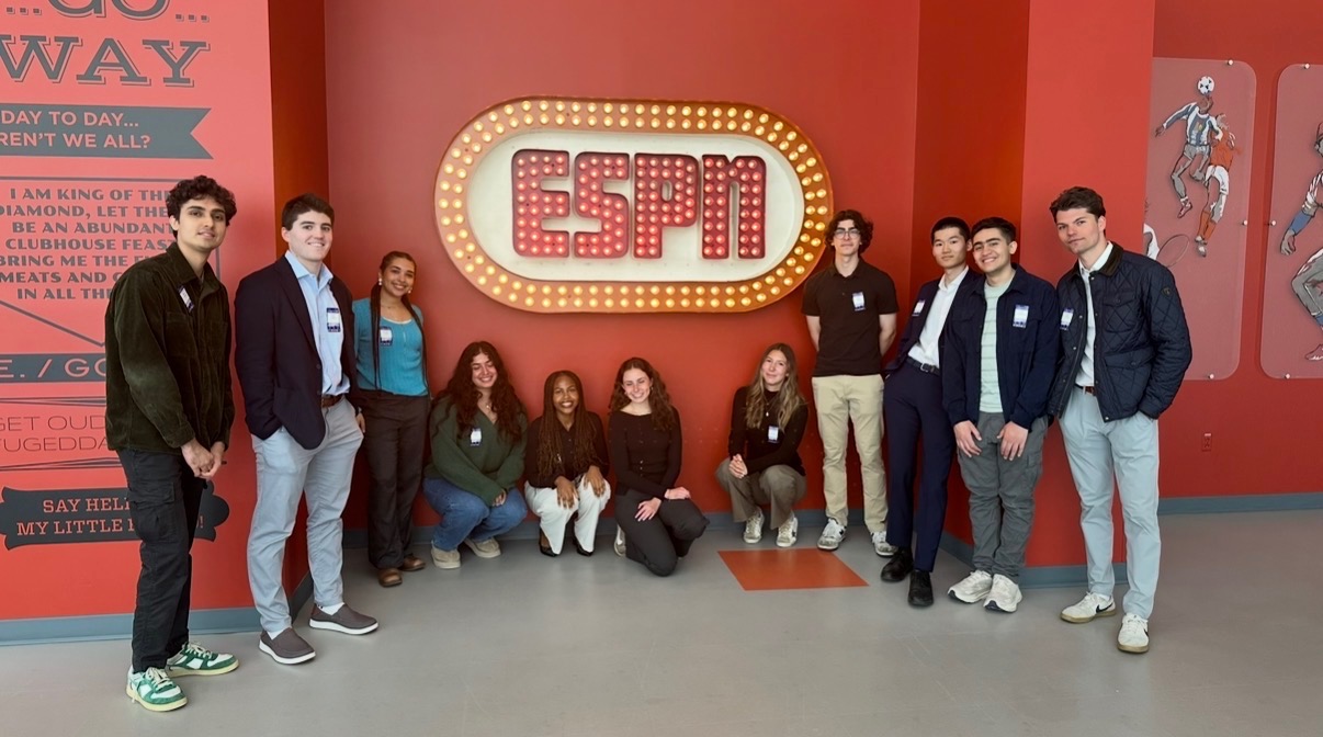 YMESBA members posing in front of the ESPN sign during the office visit to ESPN's Bristol, CT headquarters